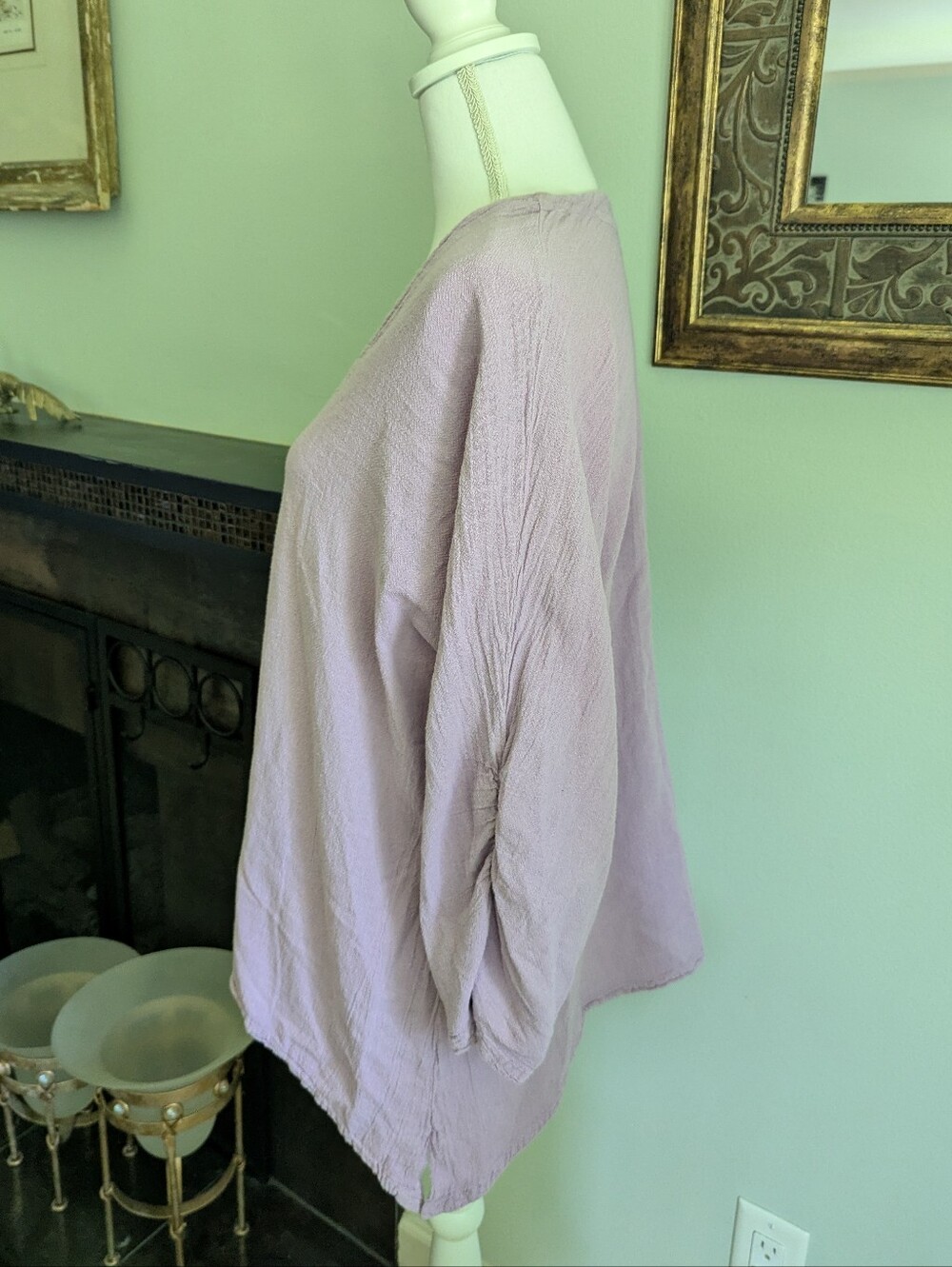 Oh My Gauze Size 2 L/XL Lagenlook Lilac 3/4 Ruched Sleeve Tunic Top Cotton - Picture 4 of 12